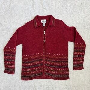 Carly St. Claire Red Fair Isle Full Zip Sweater Cardigan Ramie Cotton Small NWT